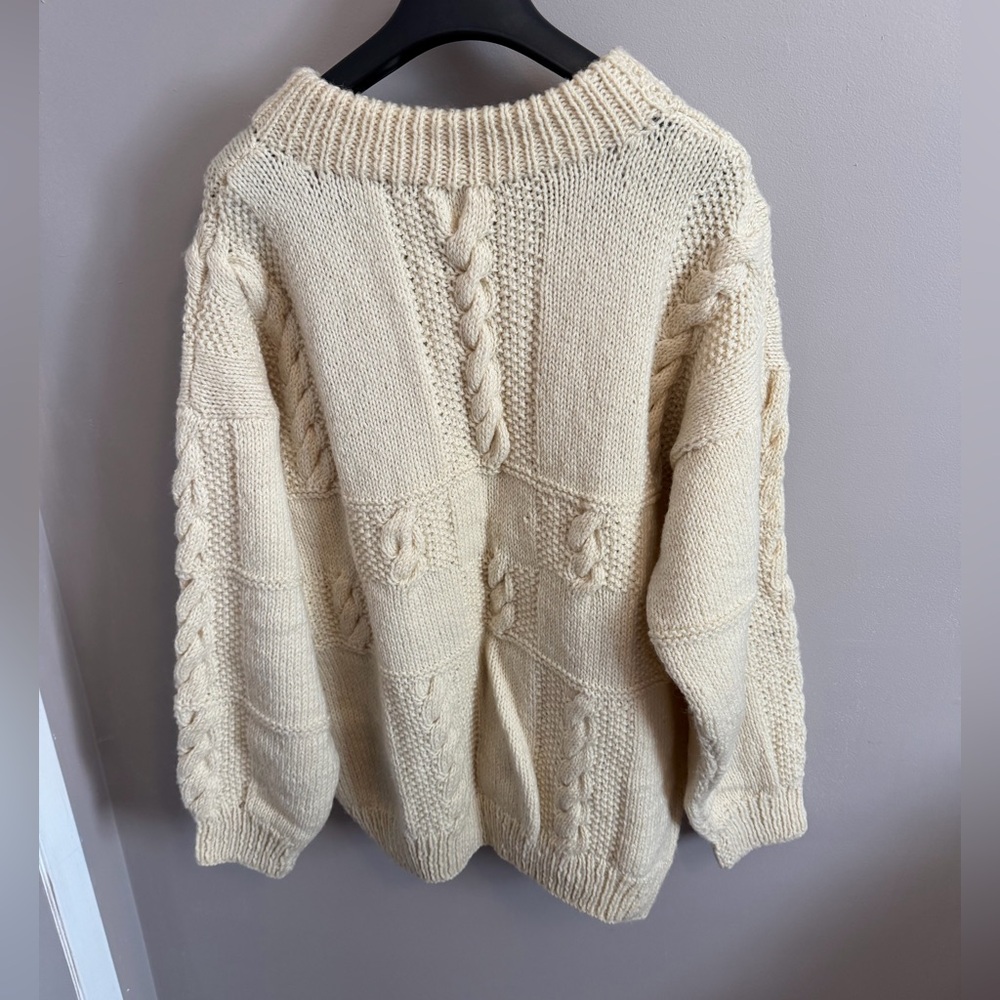 Butter Cream Yellow Hand Knit Wool Cable Patchwork Sweater XL - Picture 2 of 8